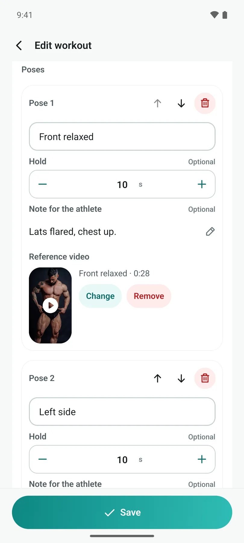 A coach editing a posing routine: the first pose, Front relaxed, with a hold of 10 seconds, a note and a reference video. The picture is a sample photograph.